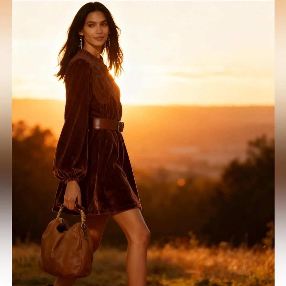 Elegant Brown Velvet Dress - Picture 2 of 5